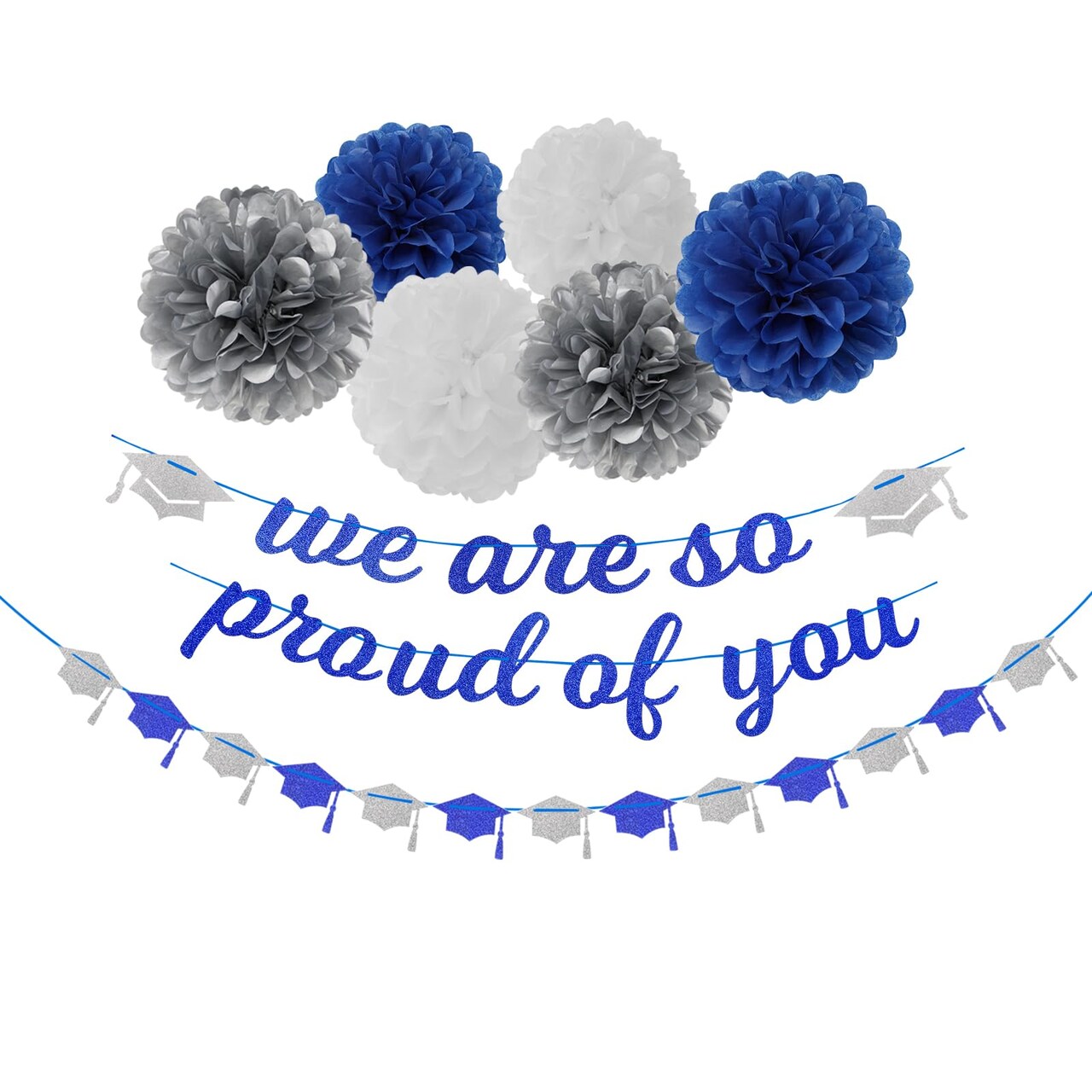 Navy-Blue White-Silver Party-Decoration Graduation Banner - 8pcs Kits Cap Garland Streamers, Paper Tissue Pom Poms Flowers,We are So Proud of You Congratulations Grad 2026 Decor Lasting Surprise